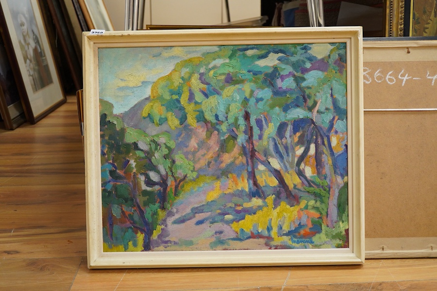 Abstract composition, Landscape with trees, indistinctly signed, oil on canvas, 45 x 54cm